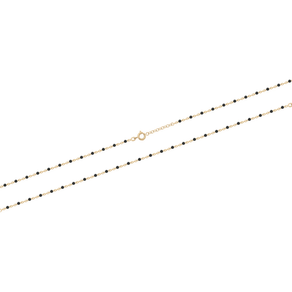 Collier composé d'une chaîne en plaqué or jaune 18 carats et de perles en résine de couleur noire.<br/>Fermoir anneau ressort avec 3 cm de rallonge. Perle  Adolescent Adulte Femme Fille Indémodable 