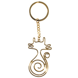 Porte clés en forme de chat avec queue en spirale en acier doré.