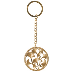 Porte clés avec feuilles de Ginkgo en acier doré.