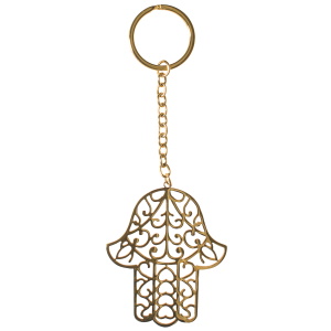 Porte clés en forme de main de Fatma en acier doré.