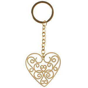 Porte clés en forme de cœur en acier doré.
