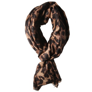 Foulard en coton (20%) et viscose (80%) de couleur camel tachetée avec des taches dorées.