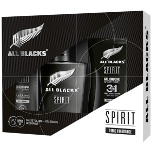 Coffret All Blacks Spirit composé d'une eau de toilette, d'un gel douche et d'un déodorant. Découvrez un concentré d'excellence de l'équipe mythique All Blacks. Une gamme aux parfums uniques invitant tous les hommes autour d'un vrai rituel masculin.