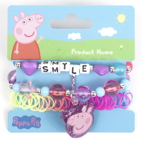 Lot de 3 bracelets élastiques fantaisie pour enfants sur le thème de Peppa Pig composé d'un bracelet de perles rondes et en forme d'étoile et d'un pendant représentant Peppa Pig, d'un bracelet de perles rondes et en forme de cœur et des perles cubiques composant le mot Smile, ainsi qu'un bracelet emmêlé en silicone. 