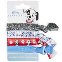 Lot de 4 élastiques pour cheveux ou bracelet pour enfant en textile de couleur représentant les personnages des 101 Dalmatiens.