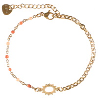 Bracelet composé d'une chaîne avec un soleil en acier doré et de perles en émail de couleur rouge. Fermoir mousqueton avec 4 cm de rallonge.
