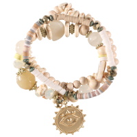 Lot de 3 bracelets élastiques composés de perles en pierre de couleur, de perles cylindriques en caoutchouc multicolores, de perles en bois multicolores, ainsi qu'un pendant pastille ronde avec le symbole d'œil de Turquie en métal doré.