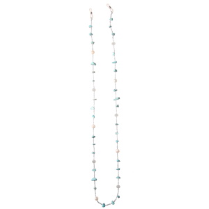 Cordon pour lunettes composé de perles bleues, nacrées et turquoises.