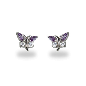 Boucles d'oreilles puces en forme de papillon en argent 925/000 rhodié serties d'oxydes de zirconium blanc et de pierres d'améthyste.