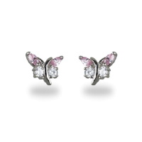 Boucles d'oreilles puces en forme de papillon en argent 925/000 rhodié serties d'oxydes de zirconium blancs et roses.