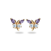 Boucles d'oreilles puces en forme de papillon en plaqué or jaune 18 carats serties de pierres améthyste et d'oxydes de zirconium blancs.