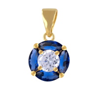 Pendentif rond en plaqué or jaune 18 carats surmonté d'un saphir synthétique serti 4 griffes et d'un oxyde de zirconium blanc serti 4 griffes.