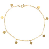 Bracelet chaîne de cheville avec pampilles en forme de cœur en plaqué or jaune 18 carats. 