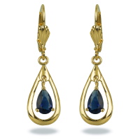 Boucles d'oreilles dormeuses avec un pendant en forme de goutte en plaqué or jaune 18 carats et un pendant en saphir synthétique serti 3 griffes en forme de goutte.