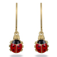 Boucles d'oreilles dormeuses en plaqué or jaune 18 carats avec un pendant coccinelle en émail de couleur.