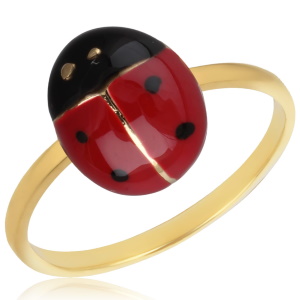 Bague pour enfant en plaqué or jaune 18 carats surmontée d'une coccinelle en émail de couleur. Taille ajustable.