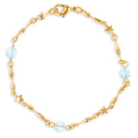 Bracelet chaîne de cheville avec étoiles en plaqué or jaune 18 carats avec 4 cristaux de couleur bleue. Fermoir mousqueton avec 5 cm de rallonge.