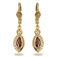 Boucles d'oreilles dormeuses en plaqué or jaune 18 carats avec pendant serti d'une pierre d'imitation grenat et d'un pavage d'oxydes de zirconium blancs.