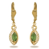 Boucles d'oreilles dormeuses en plaqué or jaune 18 carats avec pendant serti d'une pierre de couleur verte et d'un pavage d'oxydes de zirconium blancs.