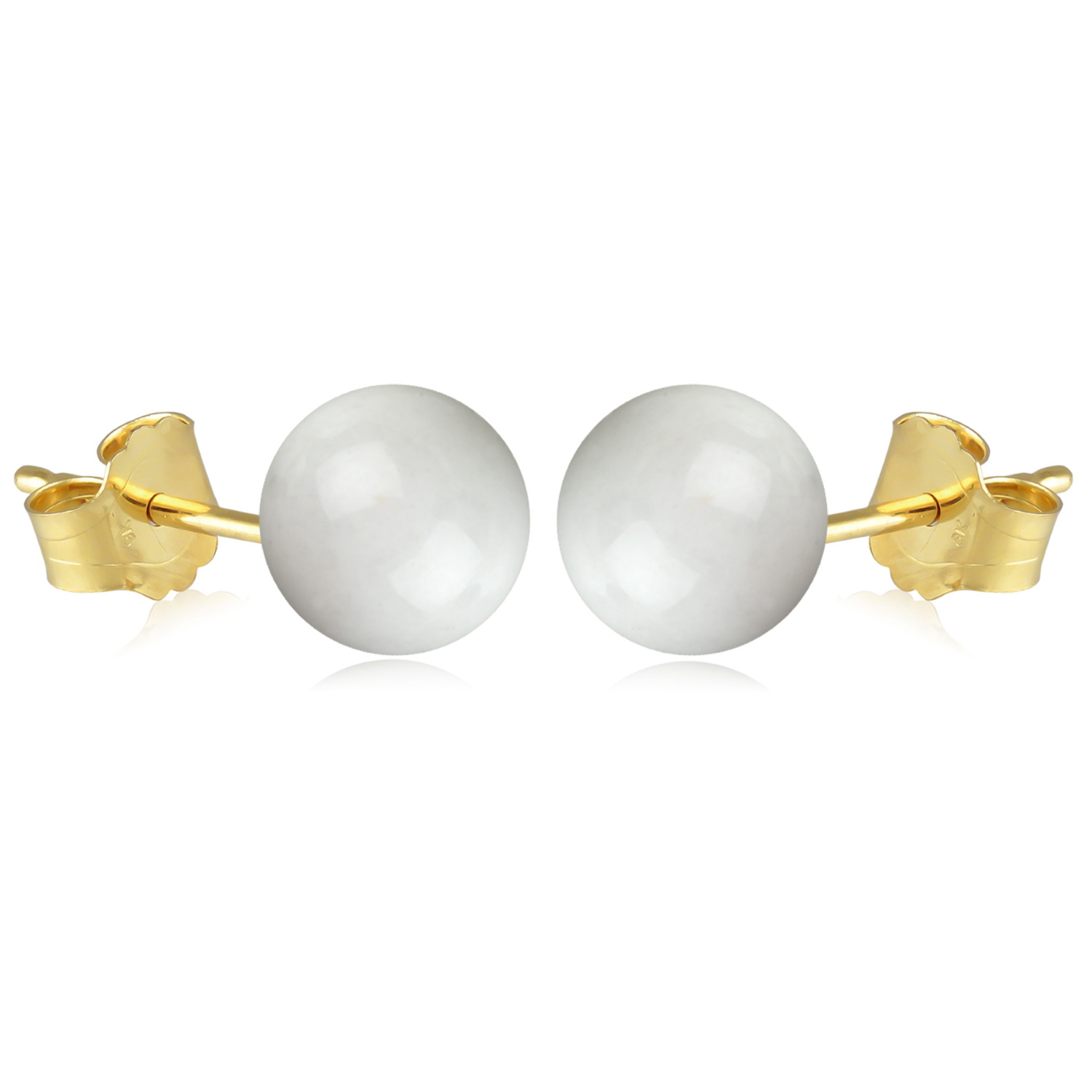 Boucles d'oreilles puces en plaqué or jaune 18 carats surmontées d'une perle en véritable pierre d'agate blanche. Boule Perle  Adolescent Adulte Femme Fille Indémodable 