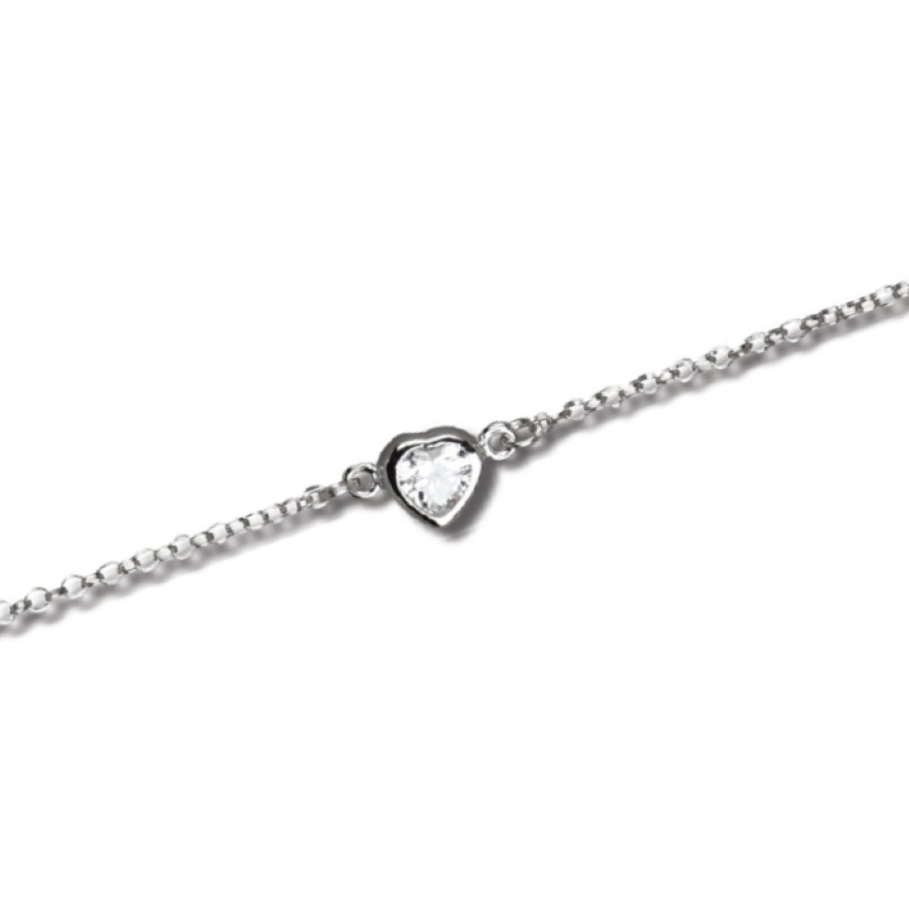 Bracelet composé d'une chaîne en argent 925/000 rhodié et d'un cœur serti clos d'un oxyde de zirconium blanc.<br/>Fermoir anneau ressort avec anneaux de rappel à 15, 16,5 et 18 cm. Coeur Strass  Adolescent Adulte Amour Femme Fille Indémodable 