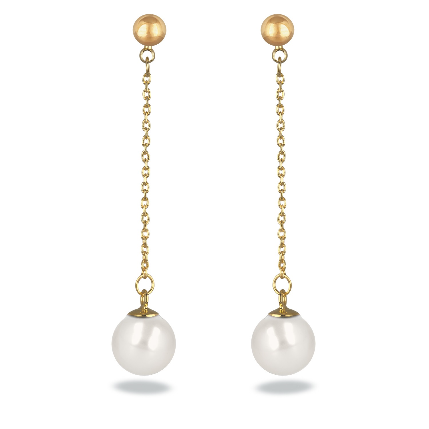 Boucles d'oreilles pendantes en plaqué or jaune 18 carats avec deux perles synthétiques de couleur blanche. Boule Pendantes Perle  Adolescent Adulte Femme Fille Indémodable 