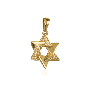 Pendentif étoile de David (Maguen David) en plaqué or jaune 18 carats pavée d'oxydes de zirconium blancs.