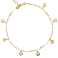 Bracelet chaîne de cheville avec pampilles peace and love en plaqué or jaune 18 carats. 