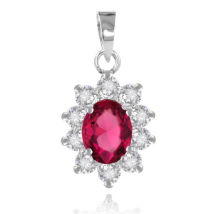 Pendentif en argent 925 rhodié serti griffes d'une pierre rubis d'imitation entourée d'oxydes de zirconium blancs.