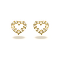 Boucles d'oreilles puces en forme de cœur en plaqué or jaune 18 carats pavées d'oxydes de zirconium blancs. 