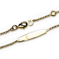 Bracelet gourmette identité en plaqué or jaune 18 carats. Fermoir mousqueton avec anneaux de rappel à 13.5 et 16 cm.