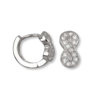 Boucles d'oreilles créoles avec le symbole infini en argent 925/000 rhodié et pavées en partie d'oxydes de zirconium blancs.