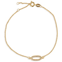 Bracelet composé d'une chaîne en plaqué or jaune 18 carats et d'un cercle ovale pavé d'oxydes de zirconium blancs. Fermoir mousqueton avec anneaux de rappel à 16, 17.5 et 18.5 cm.