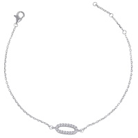 Bracelet composé d'une chaîne en argent 925/000 rhodié et d'un cercle ovale pavé d'oxydes de zirconium blancs. Fermoir mousqueton avec anneaux de rappel à 16, 17 et 18 cm.