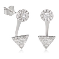 Boucles d'oreilles pendantes en argent 925/000 rhodié composées d'une puce ronde pavée d'oxydes de zirconium blancs surmontée d'un oxyde de zirconium blanc serti griffes et d'un pendant triangle pavé d'oxydes de zirconium blancs. Positionnement du pendant sur 3 hauteurs.