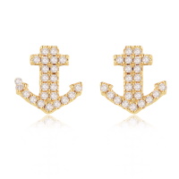 Boucles d'oreilles en forme d'ancre en plaqué or jaune 18 carats pavées d'oxydes de zirconium blancs.