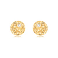 Boucles d'oreilles puces rondes martelées en plaqué or jaune 18 carats serties d'un oxyde de zirconium blanc.