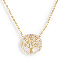 Collier composé d'une chaîne et d'un pendentif arbre de vie en plaqué or jaune 18 carats et pavé d'oxydes de zirconium blancs. Fermoir mousqueton avec 5 cm de rallonge.