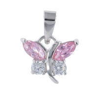 Pendentif en forme de papillon en argent 925/000 rhodié serti d'oxydes de zirconium blancs et roses.