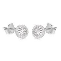 Boucles d'oreilles puces rondes avec une feuille ajourée en argent 925/000 rhodié entourées d'un pavage d'oxydes de zirconium blancs.