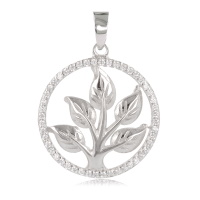 Pendentif arbre de vie en argent 925/000 rhodié entouré d'un cercle pavé d'oxydes de zirconium blancs.