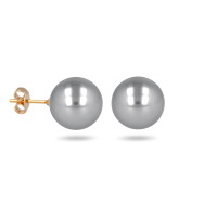 Boucles d'oreilles puces en plaqué or jaune 18 carats surmontées d'une perle de Majorque d'imitation de couleur grise.