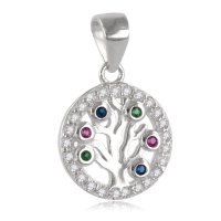 Pendentif rond arbre de vie en argent 925/000 rhodié pavé d'oxydes de zirconium multicolores et entouré d'un pavage d'oxydes de zirconium blancs.