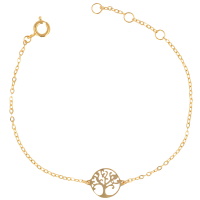 Bracelet composé d'une chaîne et d'un arbre de vie en plaqué or jaune 18 carats. Fermoir anneau ressort avec anneaux de rappel à 15.5, 16.5 et 18 cm.