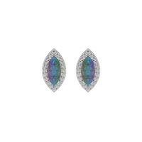 Boucles d'oreilles puces de forme ovale en argent 925/000 rhodié surmonté d'une pierre multicolore entourée d'un pavage d'oxydes de zirconium blancs.