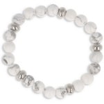 Bracelet boules élastique en acier argenté et perles en howlite blanche. La howlite est une pierre qui calme le mental, elle atténue hypersensibilité et dépression. Elle favorise le discernement et renforce le caractère.