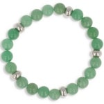 Bracelet boules élastique en acier argenté et perles en aventurine. L'aventurine apporte tranquillité intérieure et dissout la mélancolie. Elle renforce le contrôle de soi, rend son possesseur généreux et fidèle.