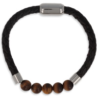 Bracelet en acier argenté et en cuir véritable avec 5 perles en véritable pierre œil de tigre.