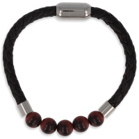 Bracelet en acier argenté et en cuir véritable avec 5 perles en véritable pierre œil de tigre rouge.