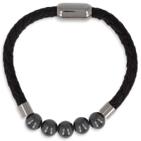 Bracelet en acier argenté et en cuir véritable avec 5 perles en véritable pierre d'hématite.
